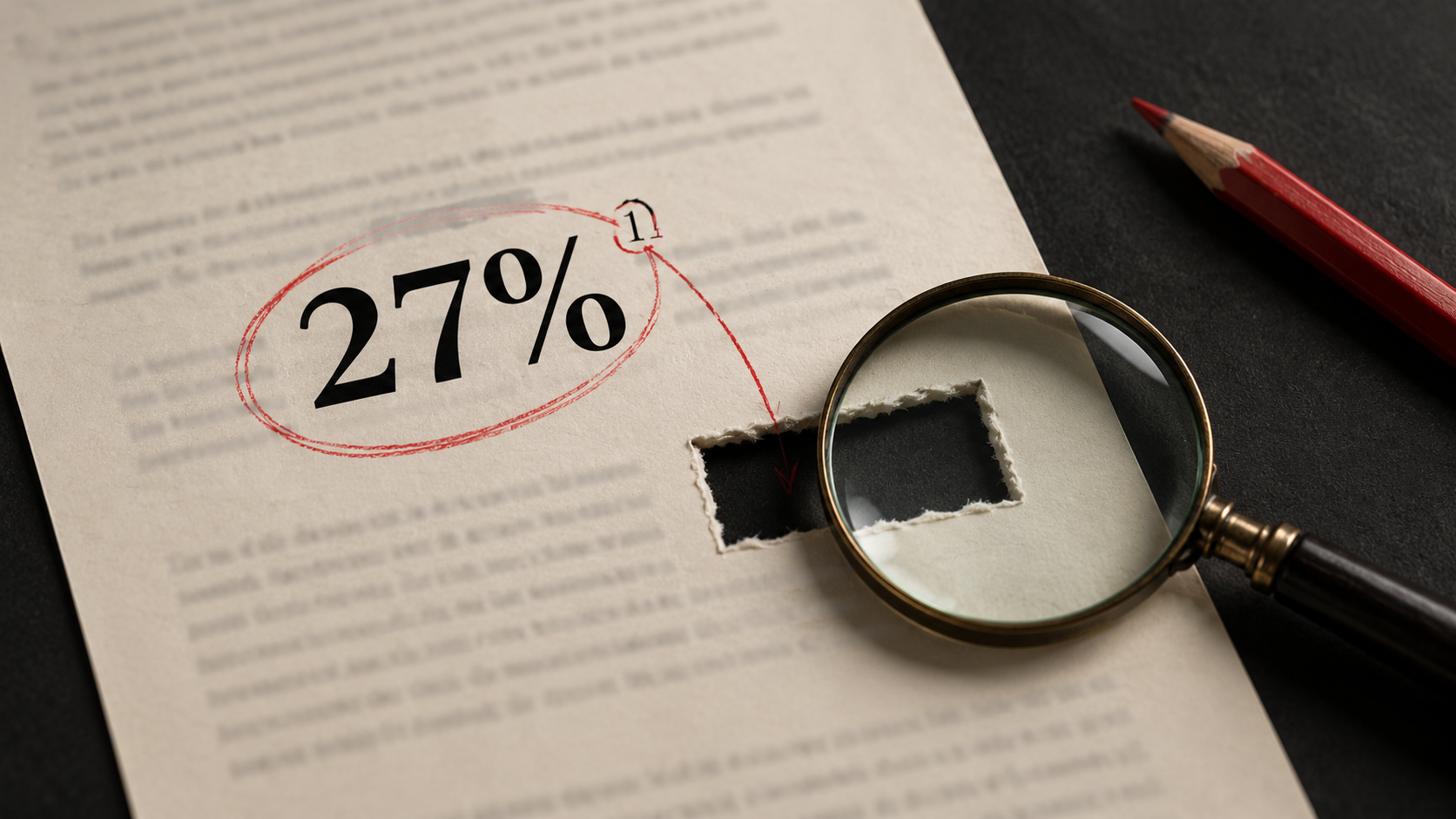 A red-circled 27% statistic points to a missing footnote, examined through a magnifying glass